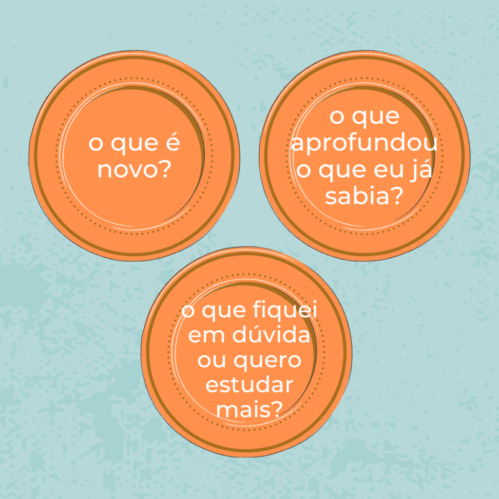 O que é novo? O que aprofundou o que eu já sabia? O que fiquei em dúvida ou quero estudar mais?